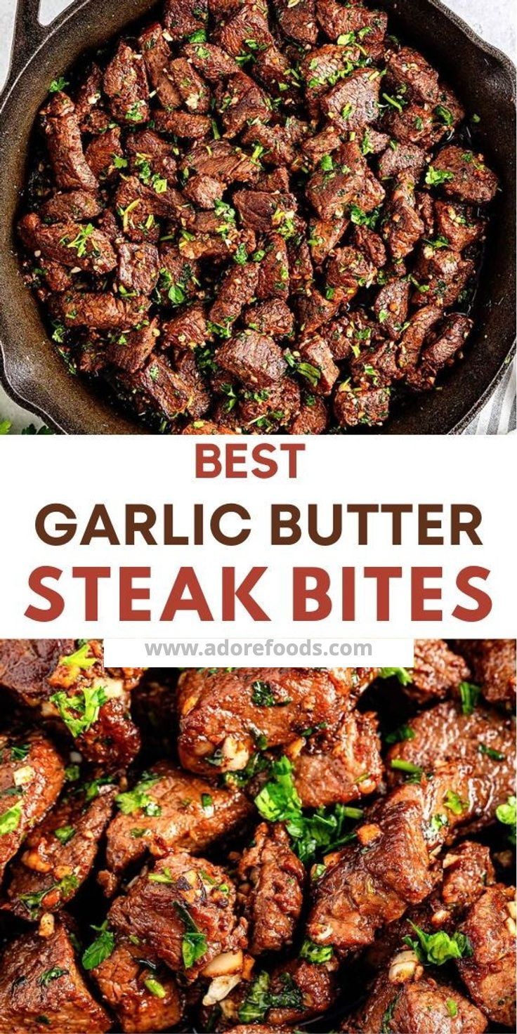 the best garlic butter steak bites in a skillet and on top of a plate