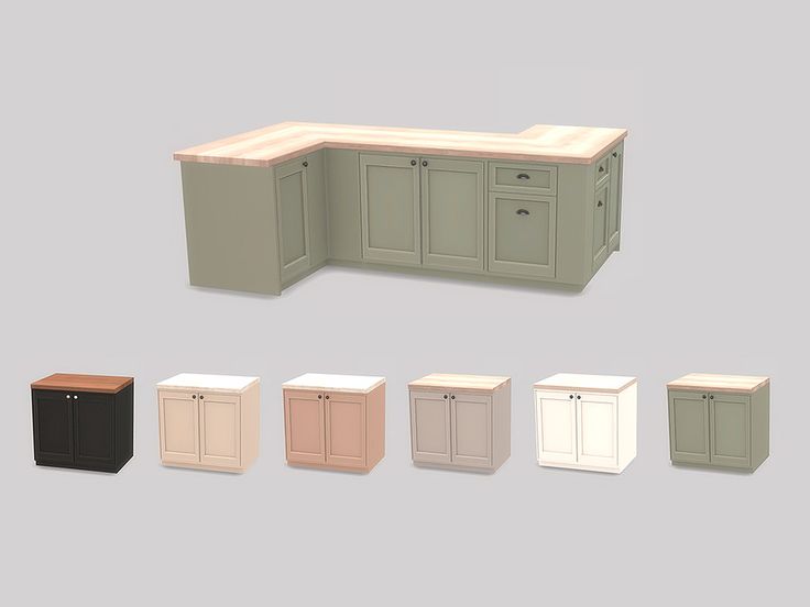 the kitchen cabinets are all different colors and sizes