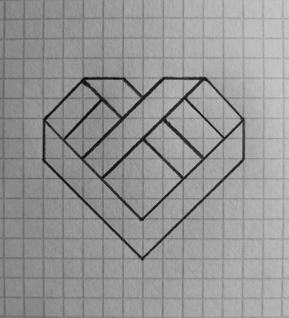 a black and white drawing of a heart on a sheet of paper with squares in the middle