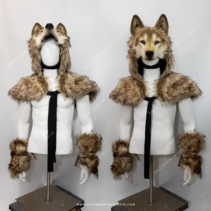 two white mannequins with fur and black ties