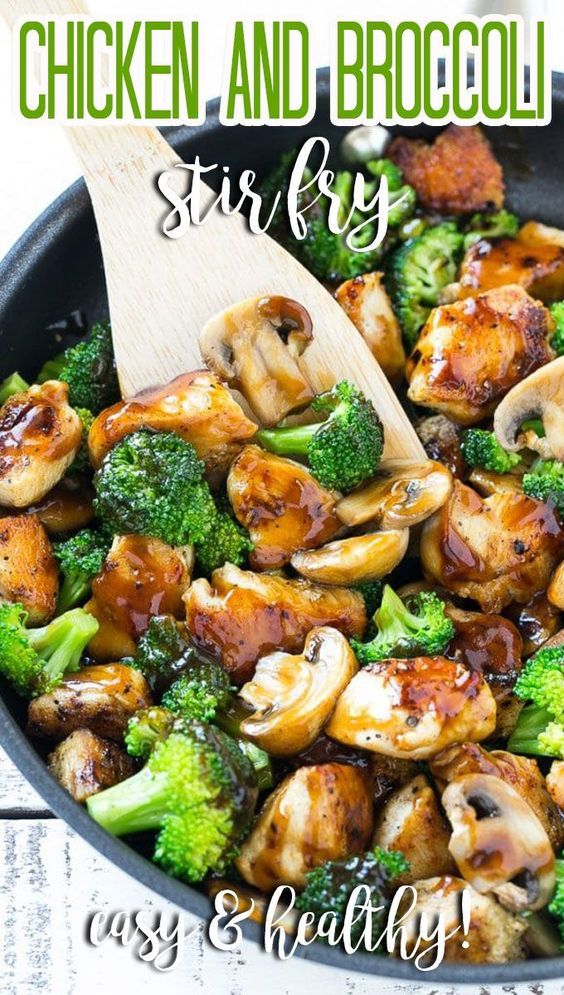 stir fried chicken with broccoli and mushrooms in a skillet