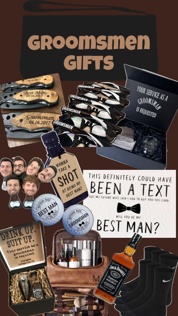 the groomsmen gifts are displayed in this collage