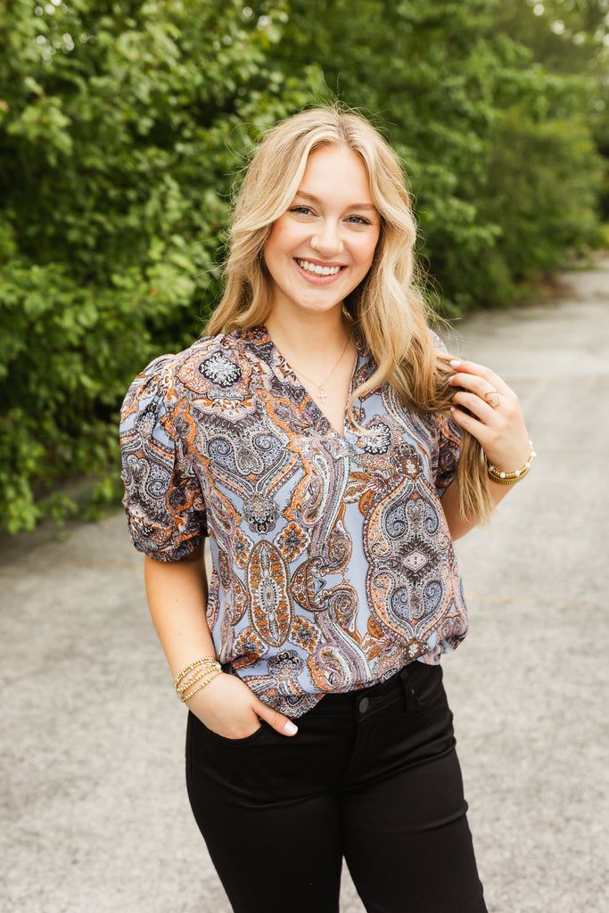 blue paisley womens blouse Bohemian Short Sleeve Patterned Tops, Bohemian Patterned Short Sleeve Tops, Bohemian Short Sleeve Tops For Spring, Bohemian Printed Short Sleeve Tops, Bohemian Boho Print Short Sleeve Top, Trendy Short Sleeve Printed Blouse, Trendy Printed Puff Sleeve Tops, Casual Short Sleeve Tops With Boho Print, Casual V-neck Boho Print Tops