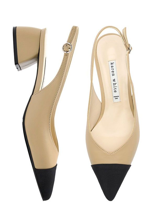 - Color: Beige, Black- Beige color; Toe point that is covered with contrasting colored fabric- Adjustable slingback- Quality leather used - Thick and snug sole for comfortMeasurement- Heel: 1.6- Size: 220-255 (in KR size)- True to the size- Please refer to the size chartComposition&Care- Cow+ Fabric, Nubuck+Fabric- Professional care onlyDesigner- Imported- by KAREN WHITE- Style#:300429942 Beige Leather Slingback Pumps For Formal Occasions, Beige Round Toe Slingback Sandals For Office, Beige Slingback Pumps For Office, Formal Beige Leather Slingback Sandals, Beige Low Heel Leather Slingback Sandals, Beige Leather Low Heel Slingback Sandals, Beige Leather Slingback Sandals With Low Heel, Beige Slingback Pumps With Contrasting Heel And Pointed Toe, Beige Round Toe Slingback Pumps For Office