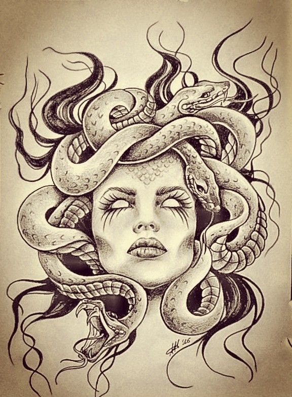 a drawing of a woman with a snake on her head