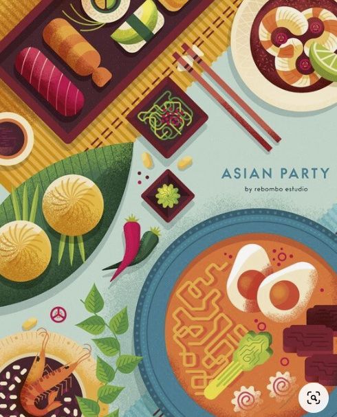 Food Illustration Design, Asian Party, Food Tech, Food Illustration Art, Vector Food, Food Party, Food Poster Design, Illustration Food, Food Magazine