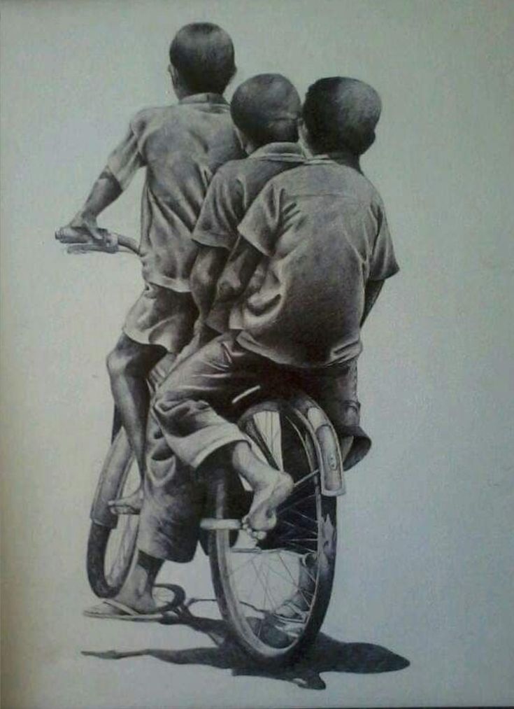 a drawing of three boys riding on the back of a bicycle