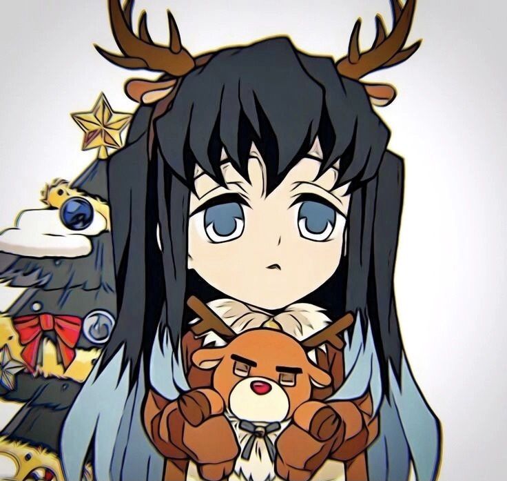 an anime character holding a stuffed animal in front of two other characters with horns on their heads