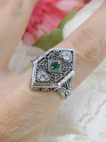 Emerald Ring, Art Deco Revival Jewelry #D231 Ornate Sterling Silver Rings With Intricate Design, Ornate Sterling Silver Filigree Ring With Intricate Design, Ornate Antique Silver Rings For Anniversary, Victorian Filigree Promise Ring, Art Deco Silver Emerald Wedding Ring, Silver Art Deco Emerald Wedding Ring, Sterling Silver Filigree Ring With Intricate Design, Antique Silver Ornate Rings For Anniversary, Vintage Silver Filigree Ring With Diamond Accents