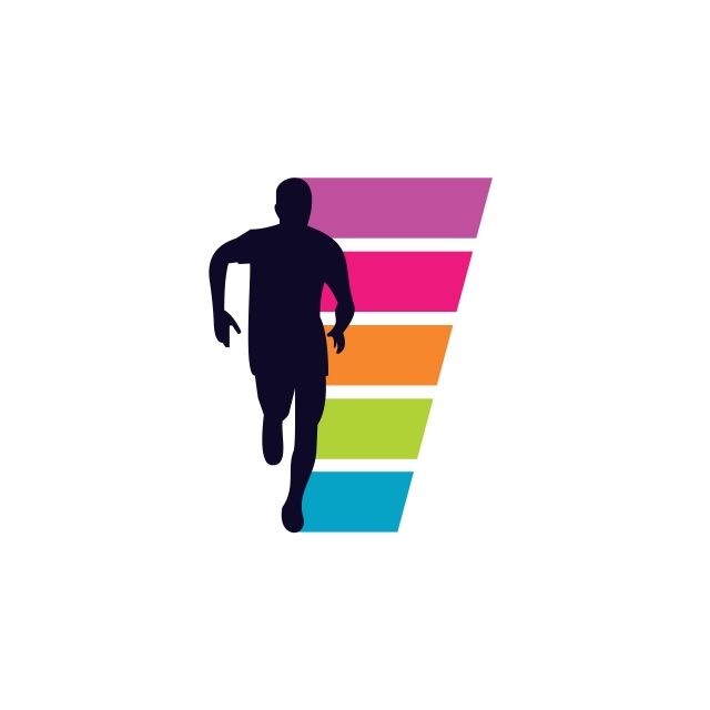 the silhouette of a man running in front of a rainbow colored stripe pattern on a white background