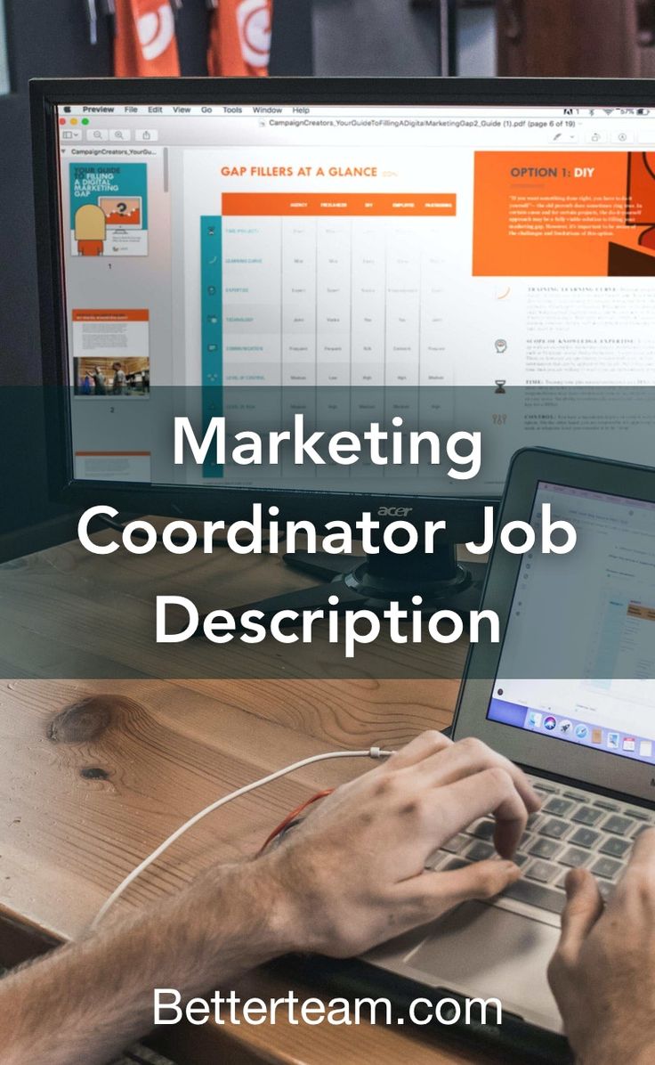 a man is typing on his laptop with the words marketing coordination job description below it