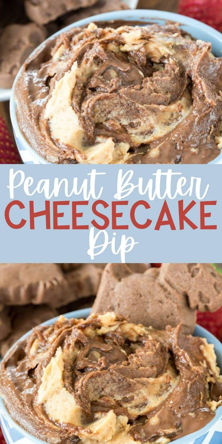 peanut butter cheesecake dip in a blue bowl