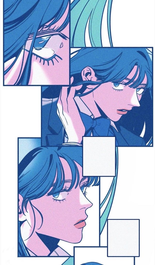 an image of a comic page with blue hair and pink eyes, in the style of anime