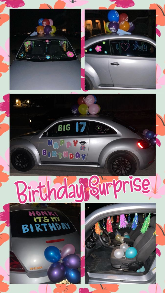 birthday surprise car with balloons and streamers