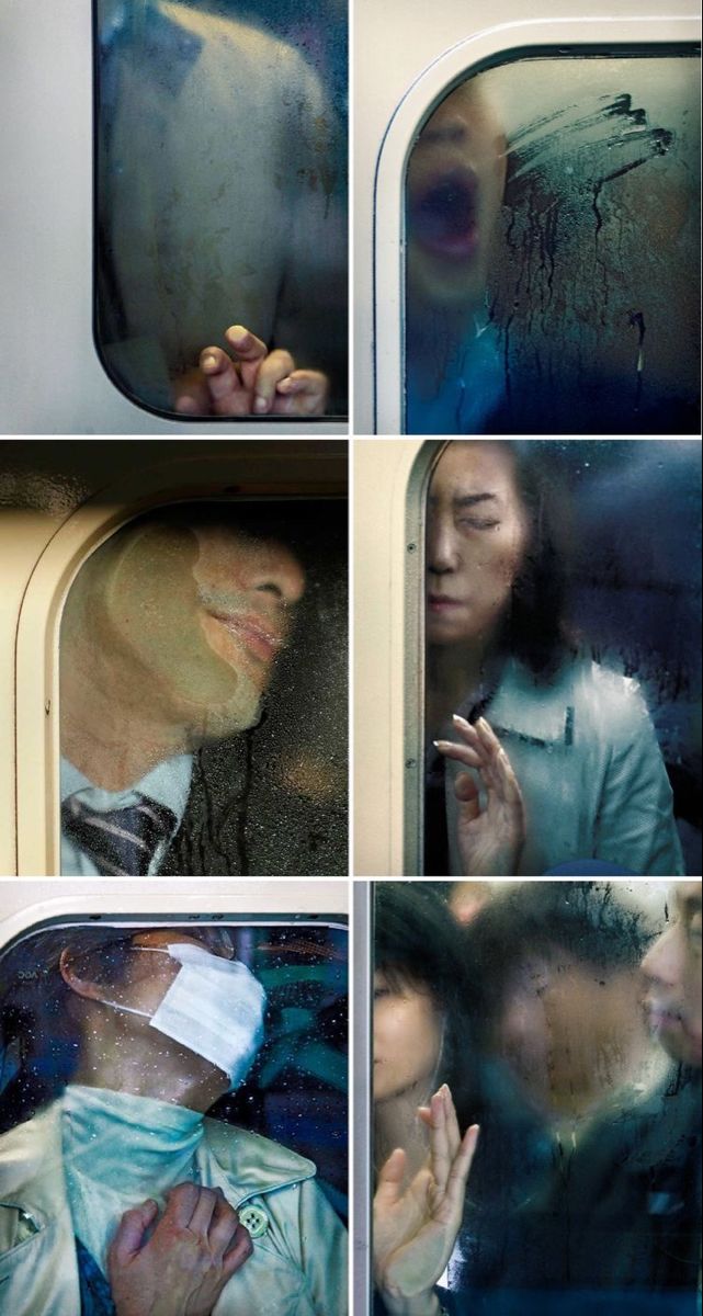 multiple pictures of people on a train with their faces covered by masks and hands in front of the window