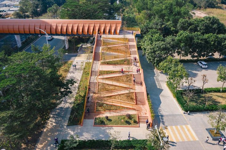 an aerial view of a park with lots of trees and people walking on the walkway