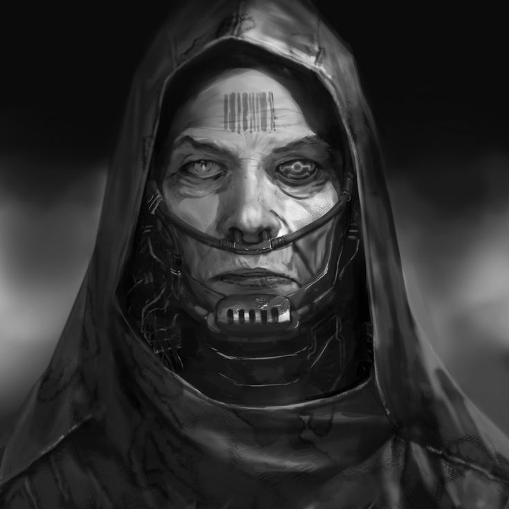 a drawing of a man wearing a hoodie with his face painted black and white