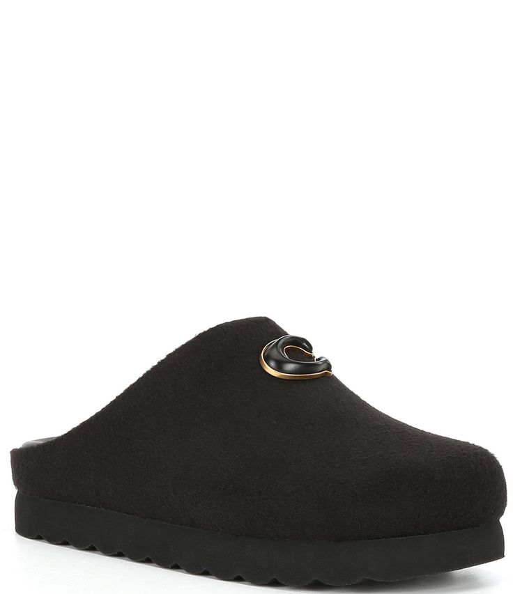 From COACH&#x2C; the Hadley Felt Slippers feature: Felt upper Slip-on closureSynthetic lining EVA outsole Imported. Coach Slides, Felt Slippers, Next Shoes, Xmas 2024, Wishlist 2024, Slides Slippers, Felted Slippers, Flat Mules, Hospital Bag