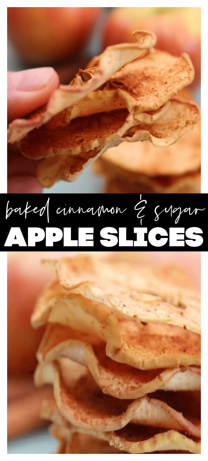 an apple slice is cut in half and stacked on top of each other with the words baked cinnamon & sugar apple slices