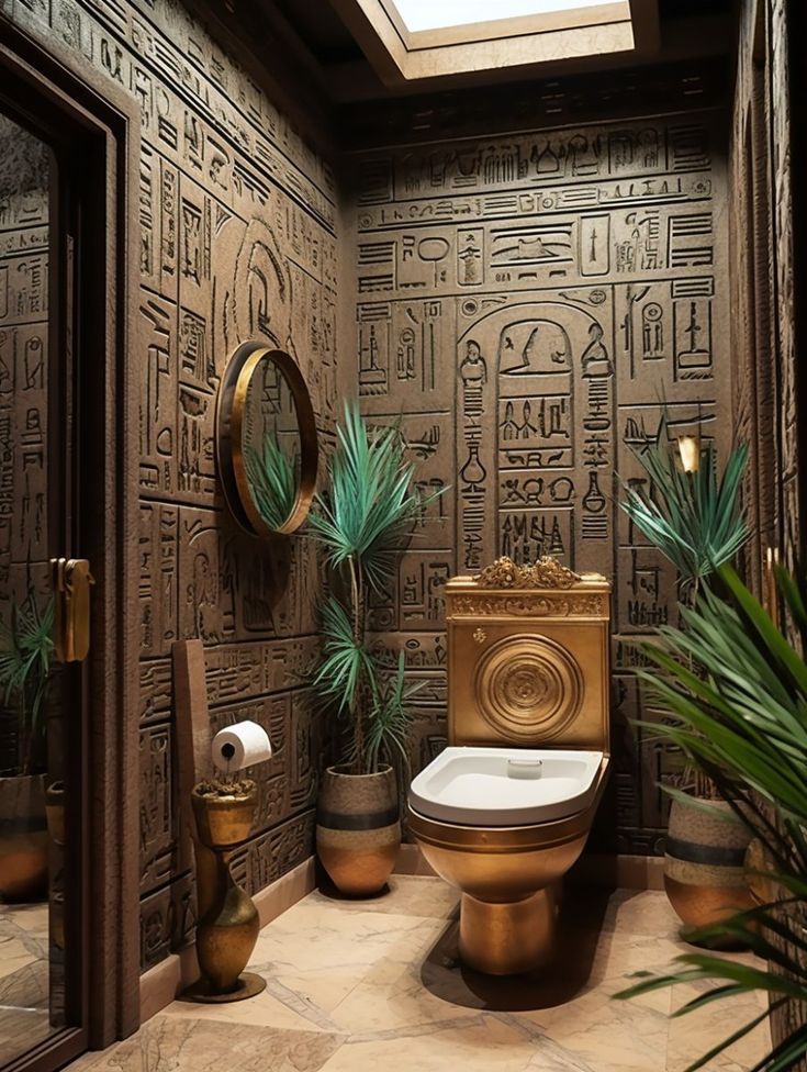 an egyptian themed bathroom is shown in gold and brown tones with palm leaves on the floor