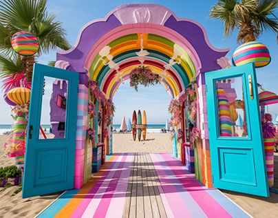 an entrance to a colorful beach with surfboards on the ground and palm trees in the background