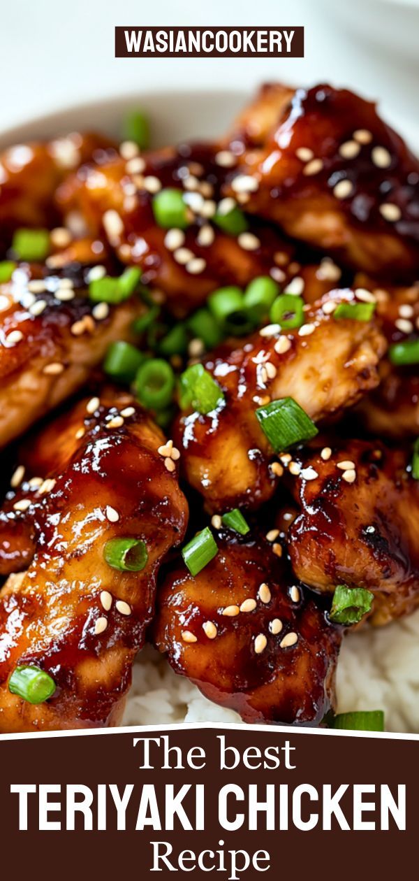 the best teriyaki chicken recipe is on top of rice with sesame seeds and green onions