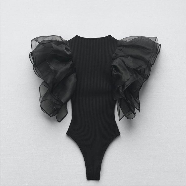 Nwt Zara Organza Ruffle Rib Bodysuit Size Small Elegant Black One-piece Bodysuit, Trendy Black Bodysuit For Party, Chic Black Stretch Bodysuit, Chic Stretch Black Bodysuit, Chic Black Fitted Bodysuit, Trendy Black One-piece Bodysuit, Elegant Black Summer Bodysuit, Chic Black Summer Bodysuit, Black Summer Party Bodysuit