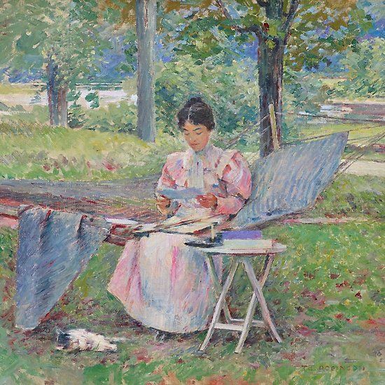 a painting of a woman sitting in the grass