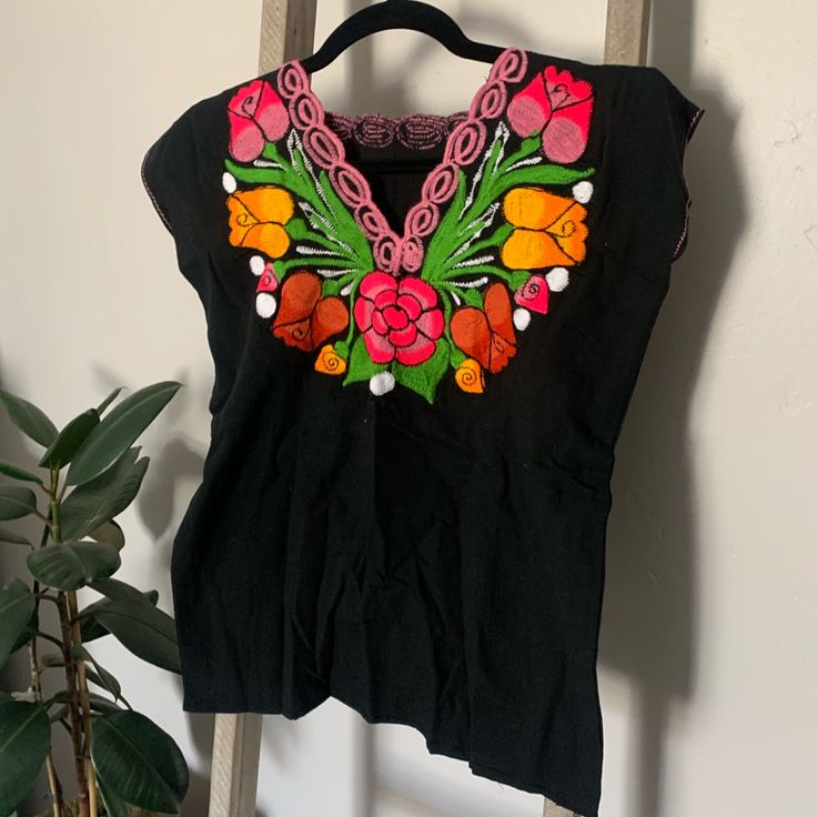 Hand-Embroidered Blouses Made In Oaxaca, Mexico. Brand New. Fits Like A Small Or Medium. Black Cotton Top With Geometric Embroidery, Black Cotton Tops With Geometric Embroidery, Black Cotton Blouse With Geometric Embroidery, Black Crew Neck Blouse With Floral Embroidery, Black Floral Embroidery Festival Top, Spring Black Blouse With Geometric Embroidery, Black Summer Blouse With Geometric Embroidery, Black Blouse With Geometric Embroidery For Spring, Black Blouse With Geometric Embroidery For Summer