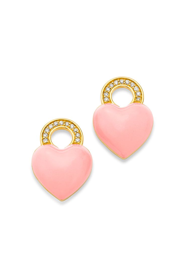 BUDDHA MAMA-Pink Enamel Heart Earring Charms-YELLOW GOLD Pink Heart Charm Huggie Jewelry, Pink Huggie Jewelry With Heart Charm, Heart Charm Enamel Earrings, Heart-shaped Enamel Earrings With Charm, Pink Clip-on Jewelry For Anniversary, Yellow Gold Charm Earrings Fine Jewelry, Yellow Gold Earrings With Charms Fine Jewelry, Yellow Gold Earrings With Charms In Fine Jewelry Style, Gold Enamel Heart Charm Earrings