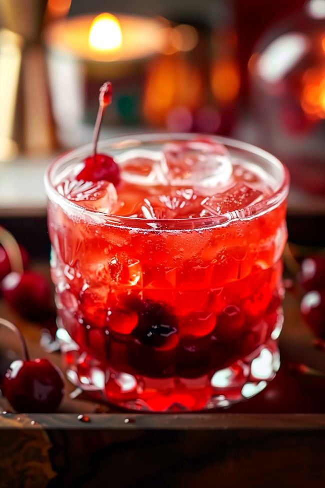 a close up of a drink in a glass with cherries