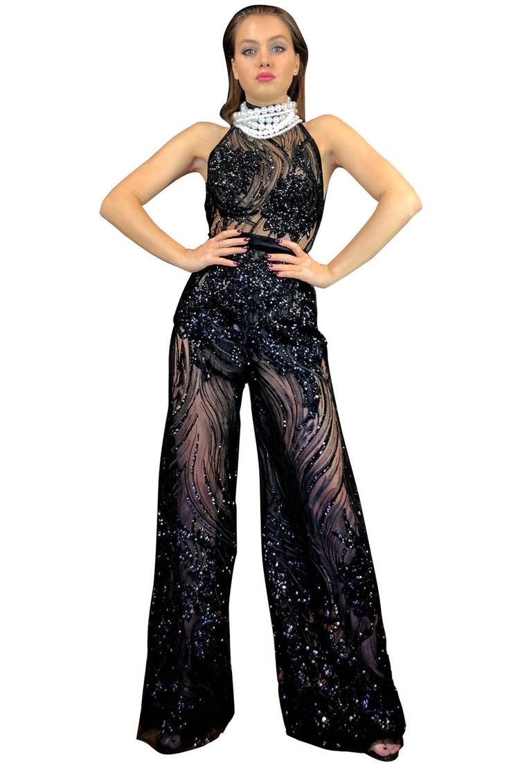 Black Sequin Party Jumpsuit Elegant Sleeveless Jumpsuits And Rompers For Party, Elegant Fitted Jumpsuits And Rompers For Party, Elegant Holiday Party Jumpsuits And Rompers, Glamorous Black Formal Jumpsuits And Rompers, Formal Sequined Jumpsuits And Rompers For Summer, Glamorous Black Jumpsuits And Rompers For Formal Occasions, Glamorous Holiday Party Jumpsuits And Rompers, Summer Formal Sequined Jumpsuits And Rompers, Chic Sequined Jumpsuits And Rompers For Gala