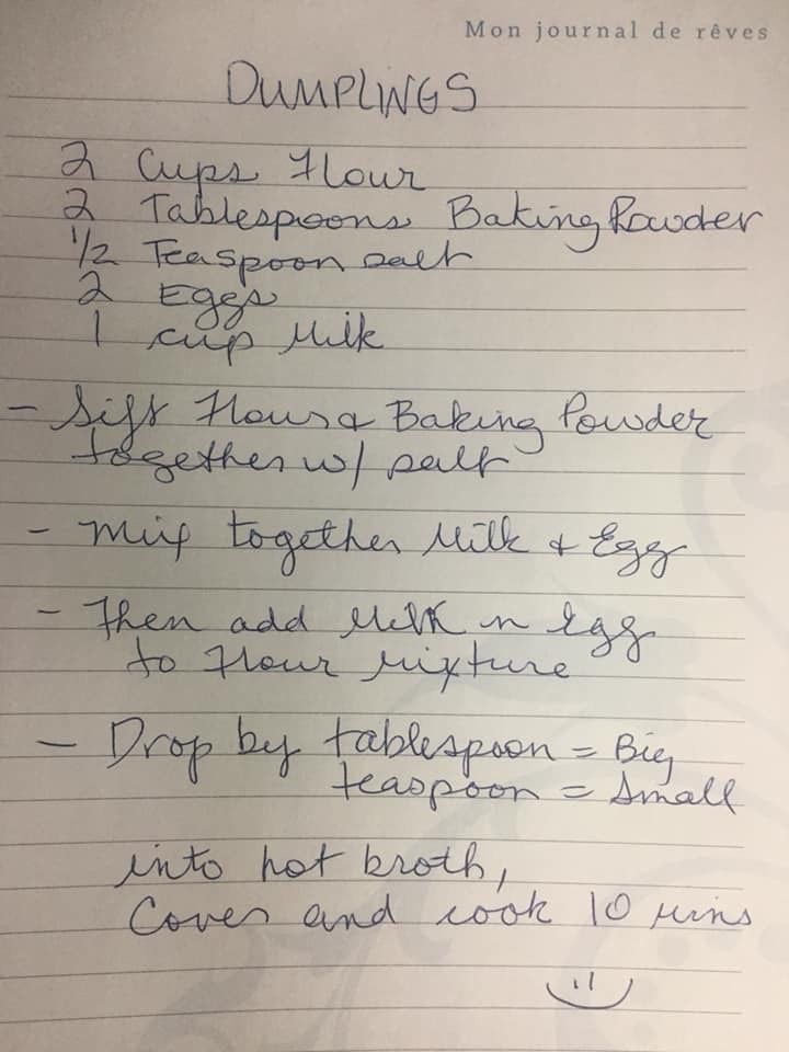 a handwritten recipe for dumplings