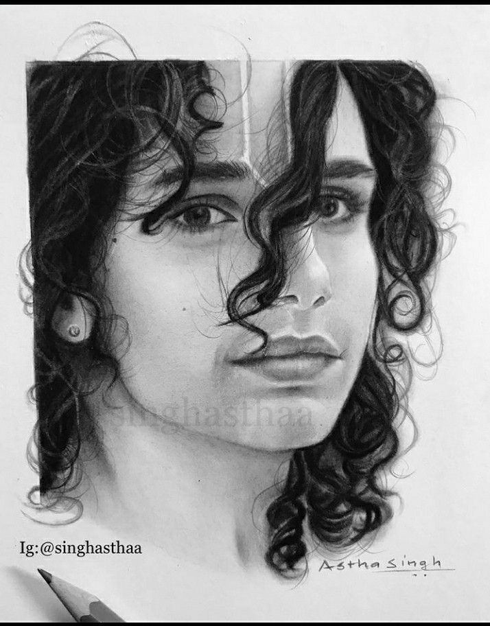 a pencil drawing of a young man with curly hair and piercings on his forehead