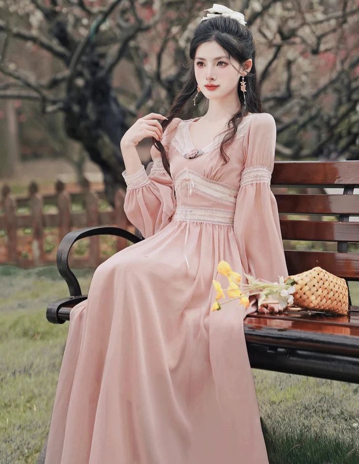 Step into your royal elegance with our Rose-belle Blush Princesscore Dress! Made with a delicate pink hue, long puffed sleeves, regal lace detailing, and flower accent, this dress is the perfect combination of femminity, sophistication and adventure. Princesscore Dress, Rose Belle, Fairycore Dress, Fairycore Clothes, Dark Academia Clothes, Academia Clothes, Cottagecore Outfits, Elegant Feminine, Kawaii Dress