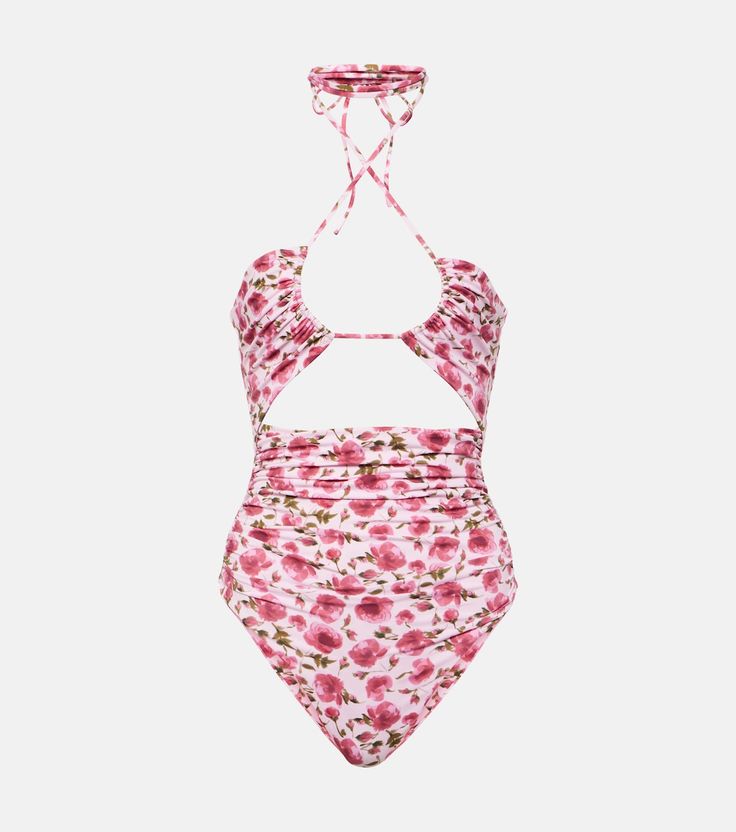 Floral halterneck swimsuit in pink - Magda Butrym | Mytheresa Swimsuit Inspo, Ruched Swimsuit, Halter Neck Swimsuit, Cut Out Swimsuits, Floral Swimsuit, Magda Butrym, Floral One Piece, Red Swimsuit, White Swimsuit