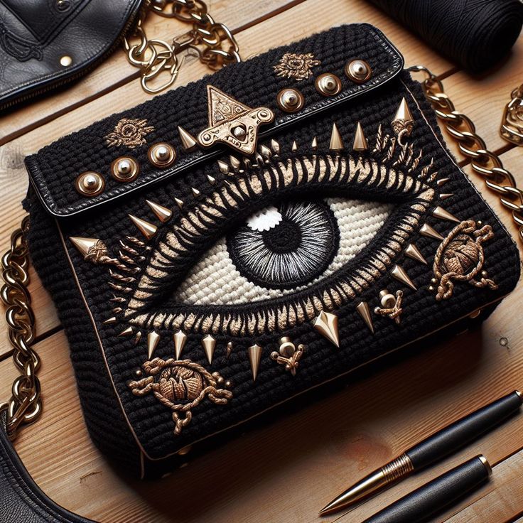 a black purse with an eye on the front and gold details around it, sitting on top of a wooden table