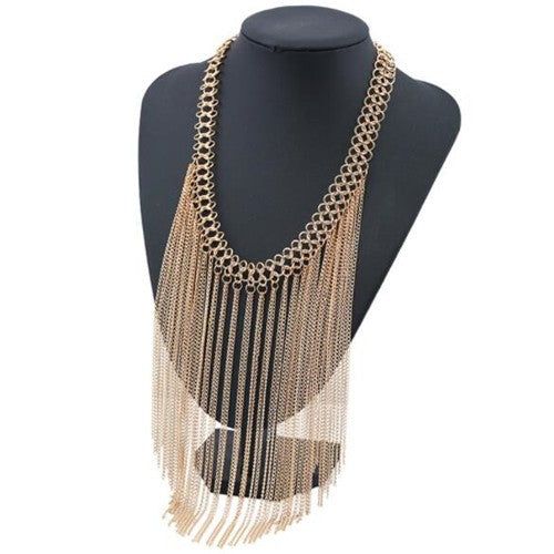 Tassel Cascade: Golden Chunky Necklace-Fashion Necklaces-StylinArts Gold Long Tassel Necklace, Luxury Gold Statement Crystal Necklaces, Luxury Gold-plated Statement Necklaces, Luxury Gold-tone Chunky Chain Necklace, Luxury Gold-tone Statement Chain Necklace, Cascade Necklace, Retro Swimwear, Strapless Bandeau, Bustier Dress