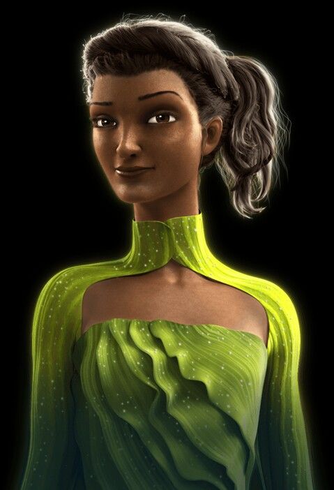 a digital painting of a woman in a green dress with her hair styled into a ponytail