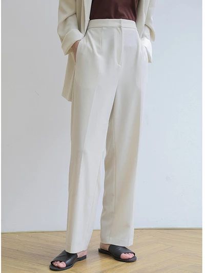 CASUAL SOLID EMPIRE WIDE LEG PANTS - rrdeye Fitted Straight Pants In Solid Color, Fitted Full Length Wide Leg Pants In Solid Color, Plain Pants For Spring Workwear, Plain Workwear Pants For Spring, Plain Spring Workwear Pants, Spring Workwear Pants, White Wide Leg Full Length Pants For Office, Elegant Wide Leg Plain Bottoms, White Full-length Wide Leg Office Pants