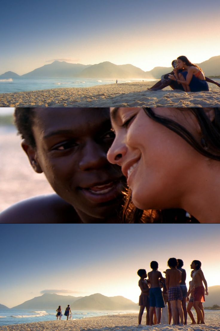 two pictures of people on the beach one is kissing the other has her eyes closed