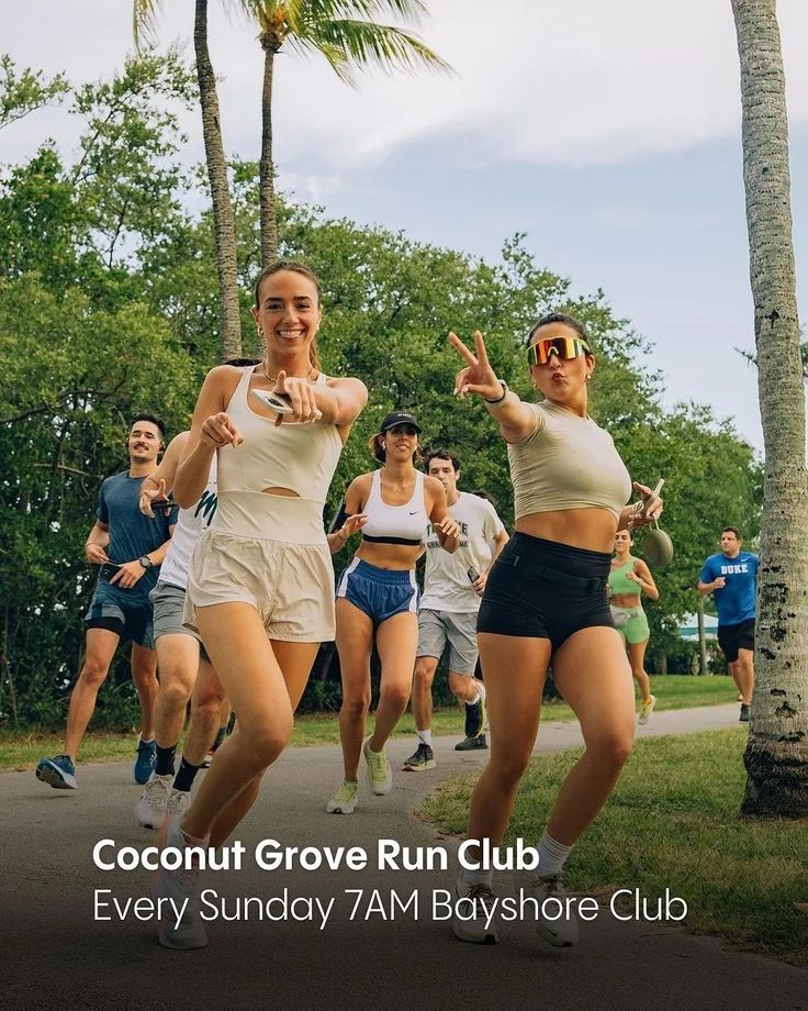 two women are running down the street with palm trees in the background and text that reads coconut grove run club every sunday 7am bayshore club