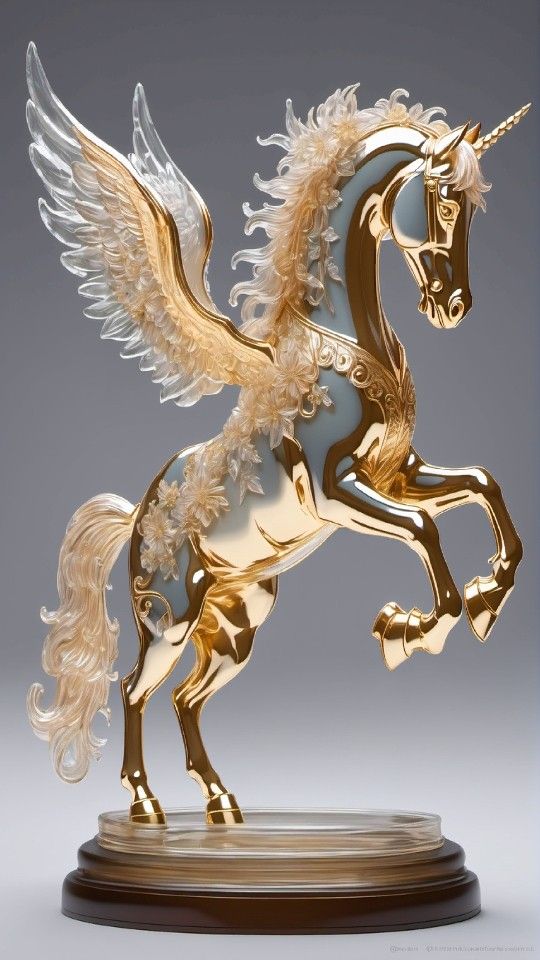 a golden statue of a unicorn with wings