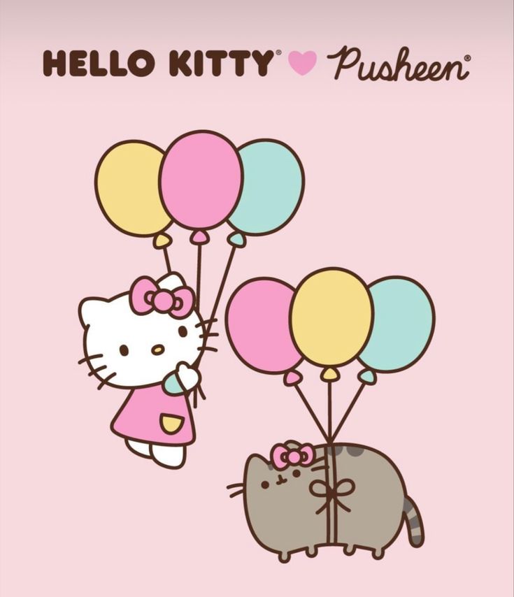 hello kitty and pushen are holding balloons