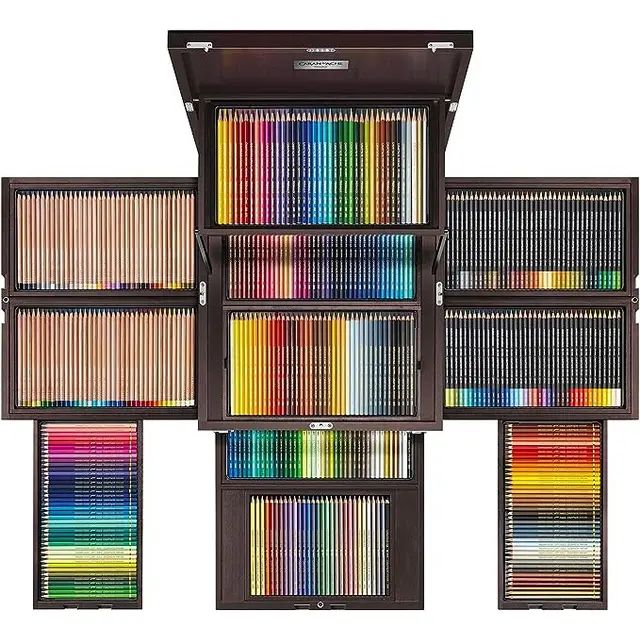 an assortment of different colored pencils in a wooden box