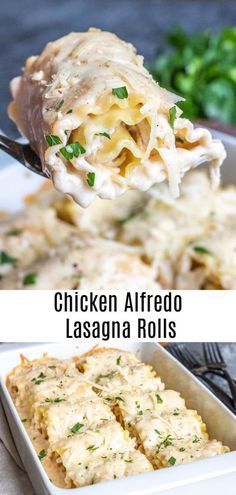 chicken alfredo lasagna rolls in a white casserole dish with a fork