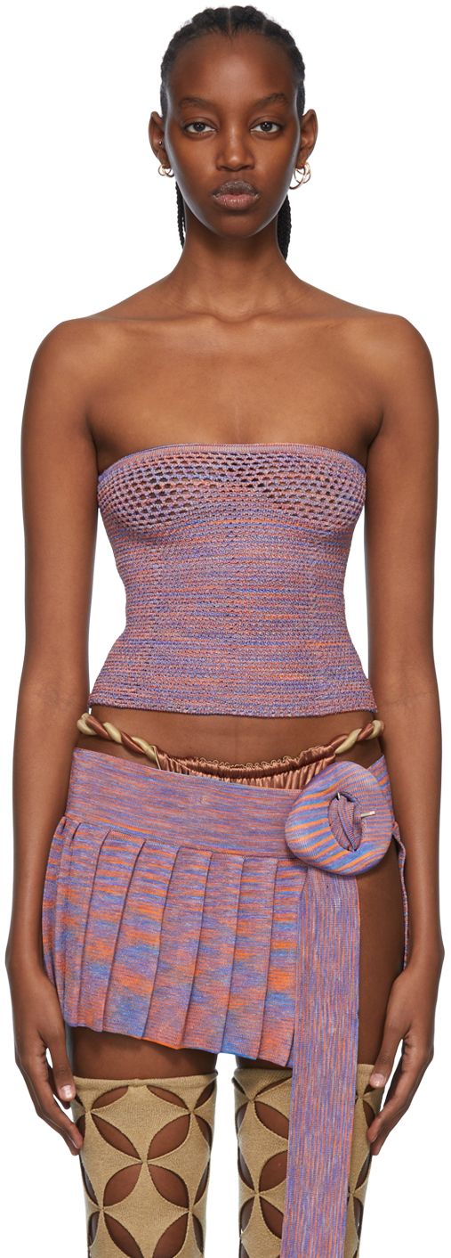 Handcrafted crocheted stretch rayon bustier-style tank top. · Square neck · Open crocheted detailing throughout Supplier color: Mars | Isa Boulder Purple Rayon Tank Top Chic Fitted Camisole Crochet Top, Fitted Chic Crochet Camisole Top, Chic Fitted Crochet Camisole Top, Fitted Cami Tube Top For Beach, Fitted Sleeveless Pointelle Knit Tank Top, Fitted Sleeveless Knit Camisole, Fitted Knit Sleeveless Camisole, Multicolor Fitted Sleeveless Tube Top, Fitted Multicolor Sleeveless Tube Top