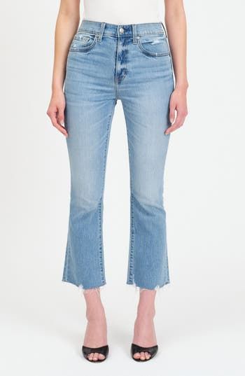 A faded wash and a raw-edge hem add to the vintage-inspired look of weekend-ready jeans cut from stretch-kissed denim. 26 1/2" inseam; 16" leg opening; 11 1/2" front rise; 15" back rise (size 29) Zip fly with button closure Five-pocket style 65% cotton, 34% organic cotton, 1% elastane Machine wash, dry flat Imported Everyday Medium Wash Flare Jeans With Frayed Hem, Mid-rise Flare Jeans With Frayed Hem, Cutoff Light Wash Flare Jeans For Fall, Faded Washed Cropped Flare Jeans, Fall Cutoff Light Wash Flare Jeans, Fall Light Wash Cutoff Flare Jeans, Everyday Light Wash Flare Jeans With Frayed Hem, Light Wash Cutoff Jeans With Frayed Hem, Light Wash Cropped Jeans With Frayed Hem For Fall