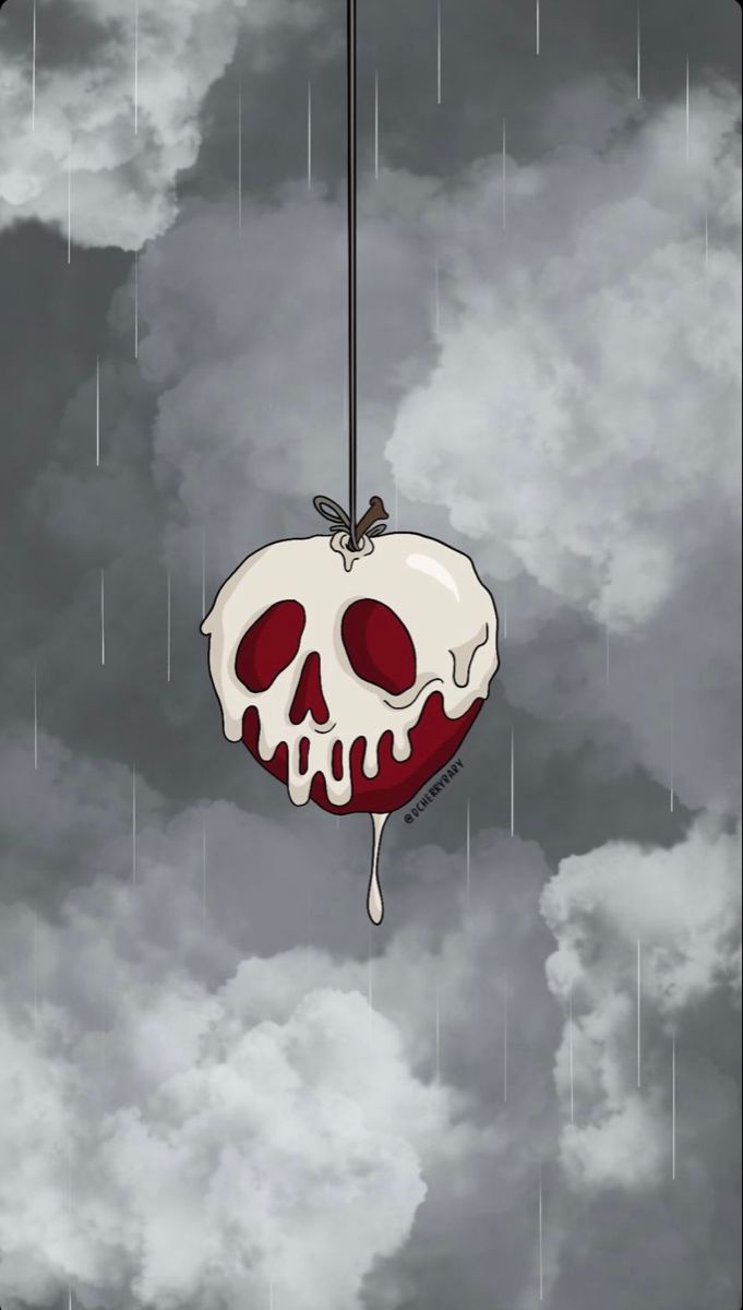 a red and white heart hanging from a hook in the sky with clouds behind it