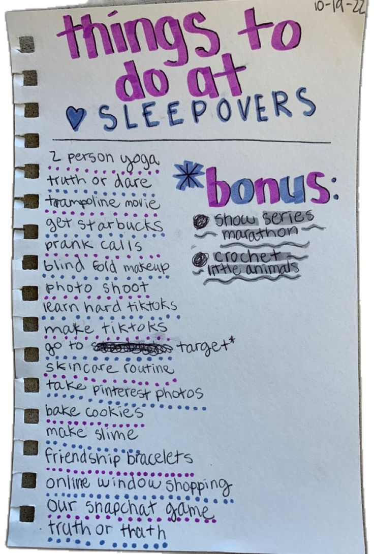 a piece of paper with writing on it that says things to do at sleepovers